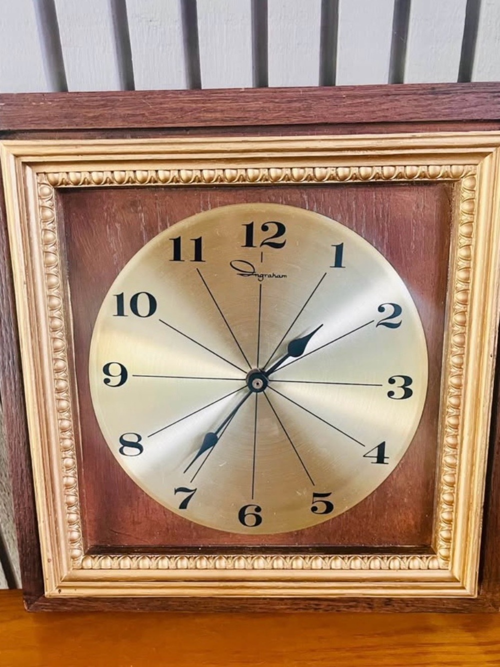 Iconic MCM Vintage Ingraham Wood Framed Wall Clock, Gold Tone Sunburst Style